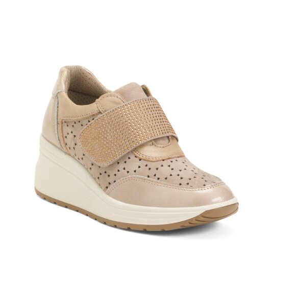 ENVAL SOFT Shoes - ENVAL SOFT Beige Made In Italy Leather Comfort Wedge Sneakers